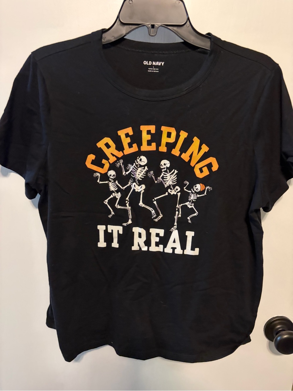 Old Navy Black Tee with Orange and White Skeleton Graphic